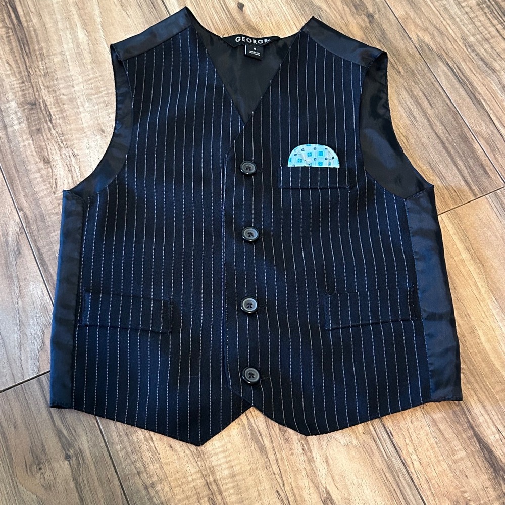 George Boys Black Pinstripe Dress‎ Vest with Pocket Square Size 4